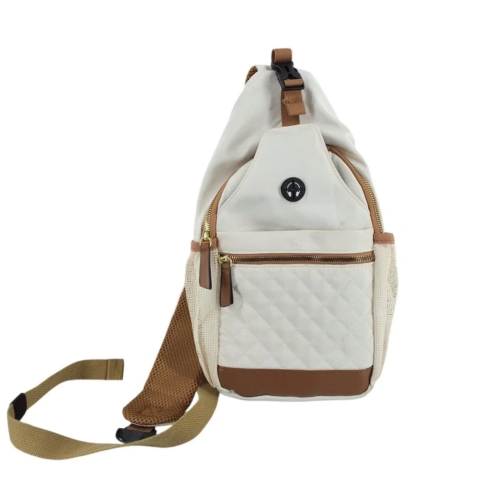 Cream Quilted Nylon‎ Sling Bag Unisex Crossbody Backpack Headphone Port
